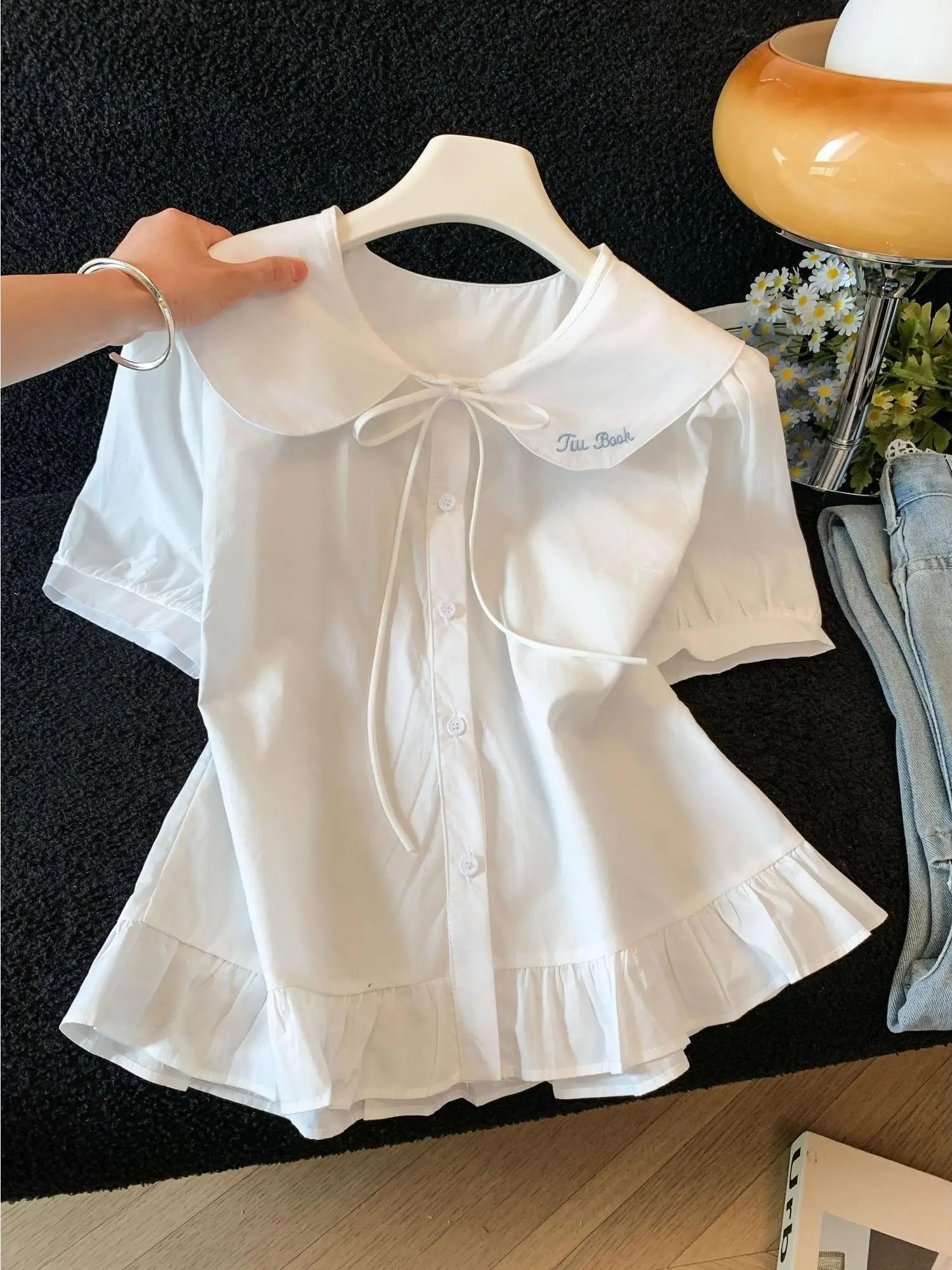 

Cute Doll Collar Loose Fit Breathable Polyester Women's Shirt Korean Style Embroidery Lace Trim Versatile Slimming Shirt