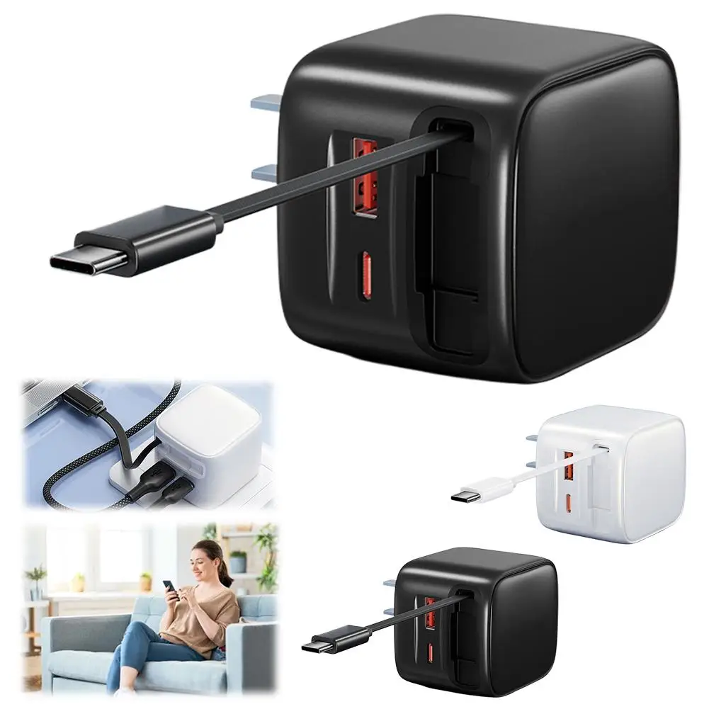 

30W GaN Three-Port USB-C Charging Head Built-in 70cm Fast Charging Cable Retractable TypeC Cable For IPhone16 E8Y5