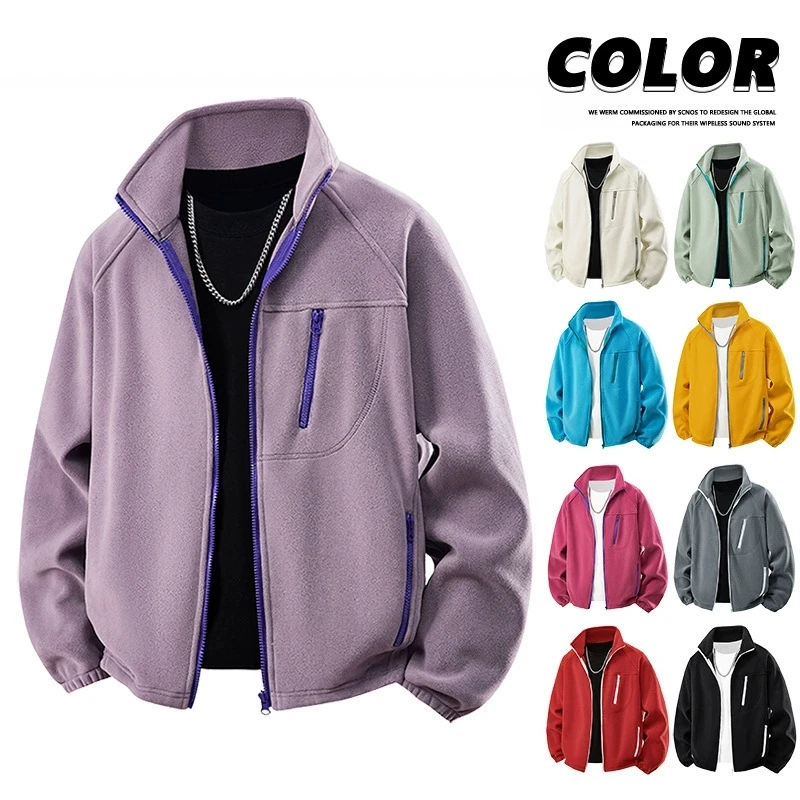 Spring and Autumn New Edition Trendy Velvet Warm Stand up Collar Cardigan Jacket, Fleece Jacket, Youth Multi Color Top Coat