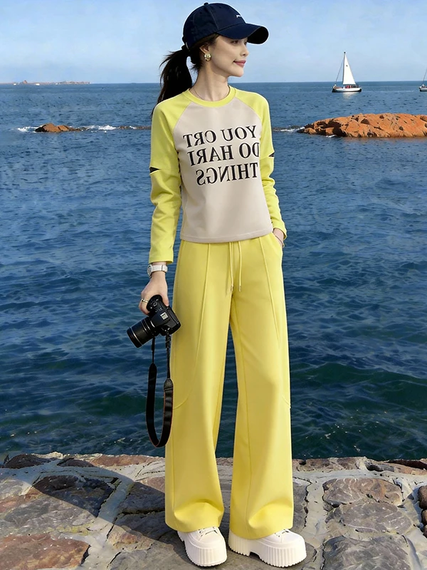 

Модный спортивный женский комплект: футболка с длинным рукавом и брюки с широкими штанинами, двухсоставный комплект для весны, удобный повседневный наряд с высокой талией