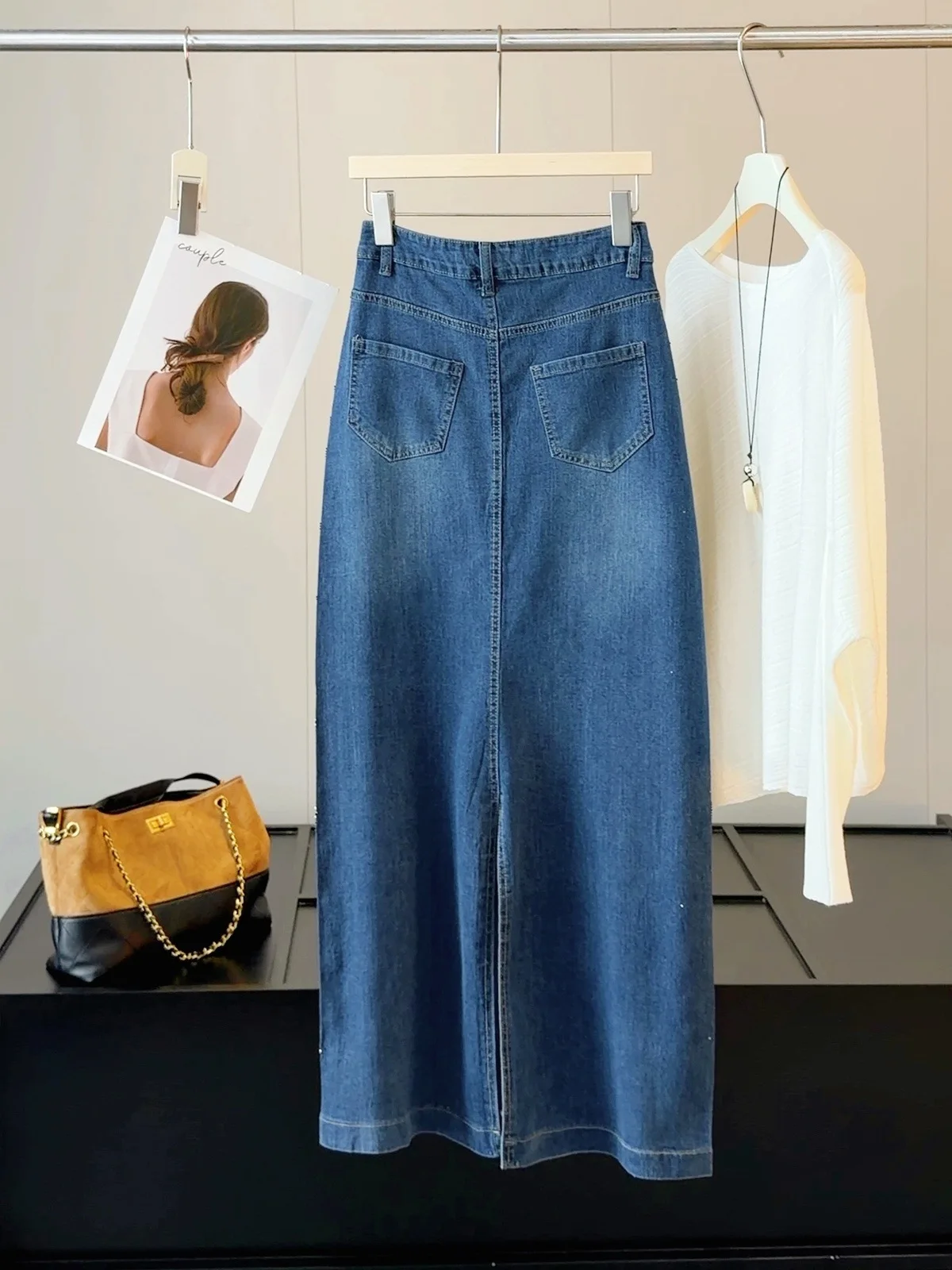 Sparkly Glitter Denim Blue Midi Skirt Women High Waist Long Jean Skirt Vintage Back Slit Metallic Streetwear Ladies Denim Skirt