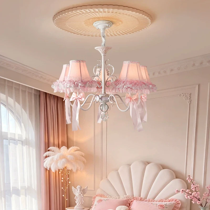 Princess Room Girl Bedroom Chandeliers Pink Bow Lace Fabric Lamps French Romantic Warm Baby Room Children's Room Chandelier