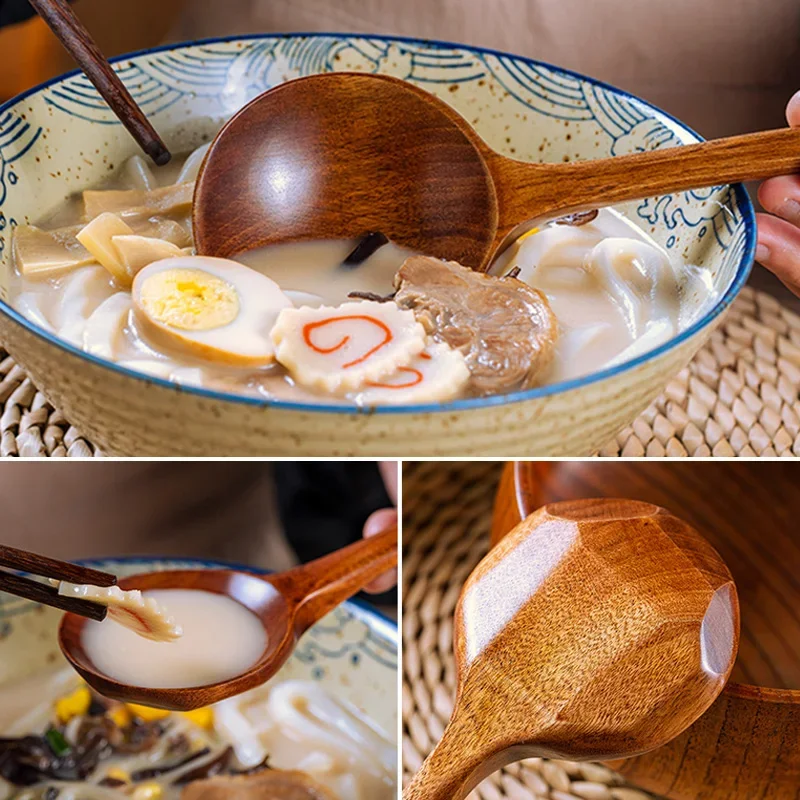 1Pc Big Wooden Spoon Long Handle Soup Spoon Wood Japanese Ramen Noodle Soup Ladle Kitchen Cooking Spoon Mixing Serving Tableware