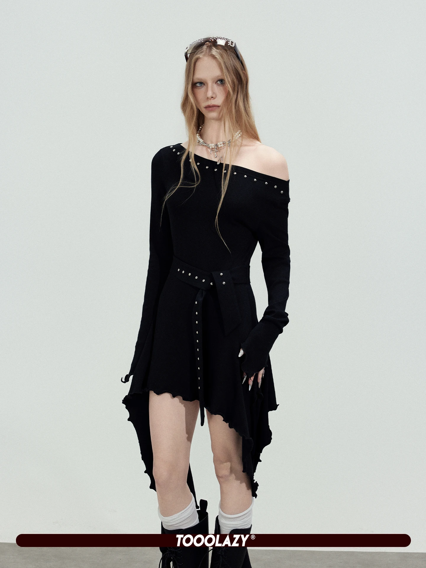 

TOOOLAZY 2026 Spring Rivet Sash Oblique Shoulder Dress Slim Irregular Short Skirt Casual Style Cotton Blend Long Sleeve Dress