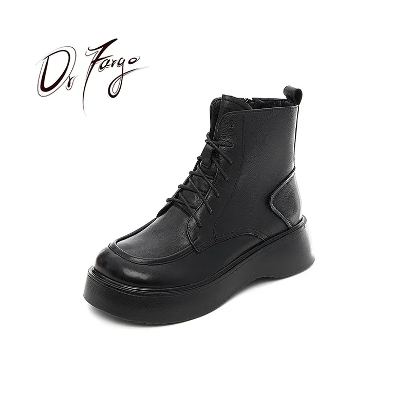 

DRFARGO Genuine Leather Women Boots Autumn Shoes Lace-Up Side Zip Chunky Heels Handmade Flatform Ladies Black Soft Boots Big 43