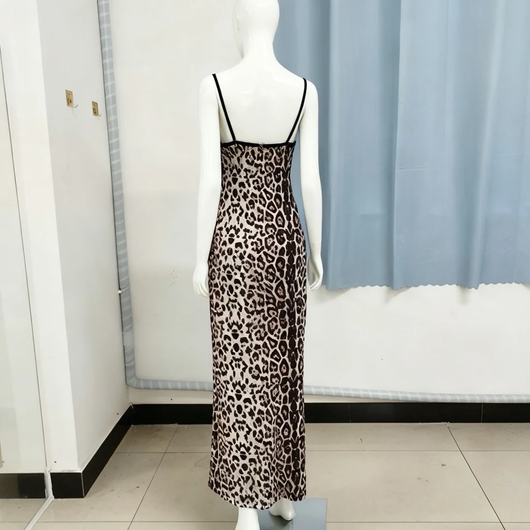 Women’s Leopard Print V Neck Backless Cami Dress Summer Elegant Maxi Long Dress Trendy Outfit For Vacation Night Events