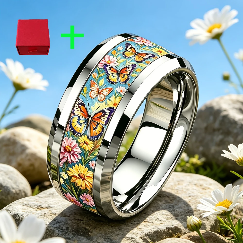 Fashion Flower Butterfly Men Stainless Steel Rings With Box Unique Sticker Non-fading Wedding Band Polished Double Bevel Ring