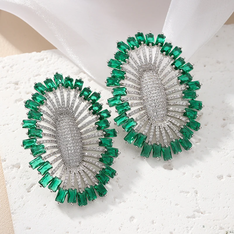 SENYU Jewelry Luxury Oval Circle Wreath Earring Micro-inlay CZ Stones Women Large Stud Earrings Fashion Banquet Party Jewelris