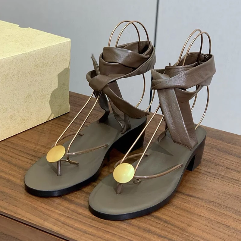 

New Metal Decor Ankle Strap Lace-up Thick Heels Sandals Women's Pinch Toe Genuine Leather Sandalias Summer Sandy Beach Shoes