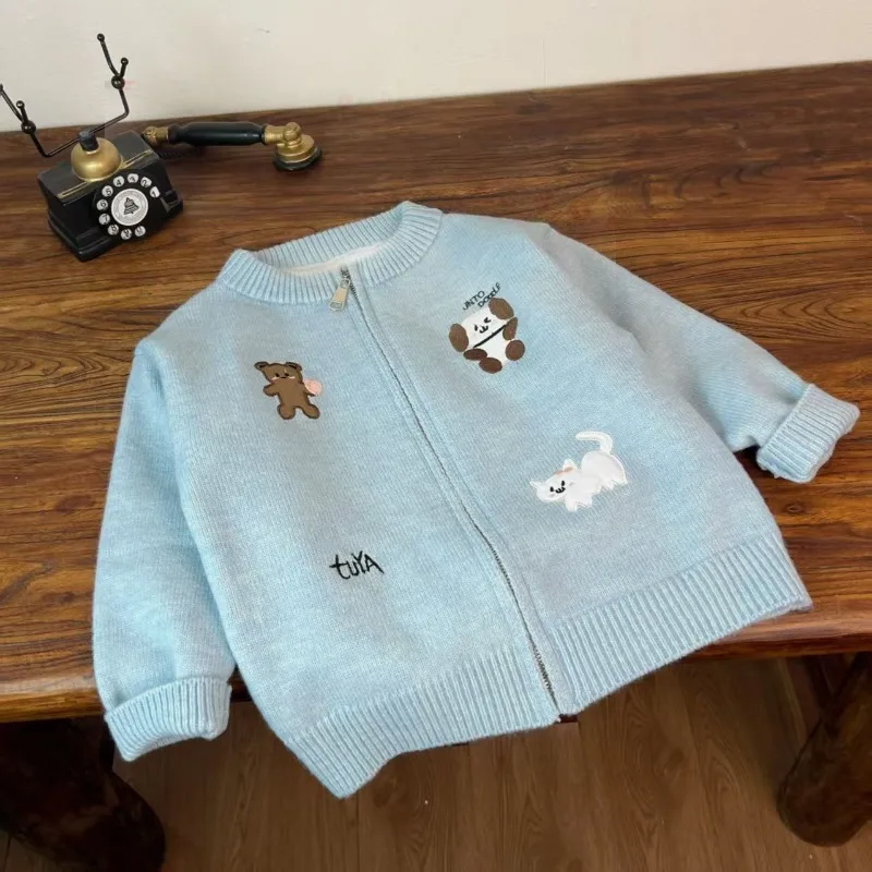 UNITIM Herbst Kinder Mädchen Reißverschluss-Pullover Mantel 2-8 Jahre Baby Mädchen Cartoon Stickerei Strickjacke Kinder Mädchen Blaue Strickwaren – Detail 5