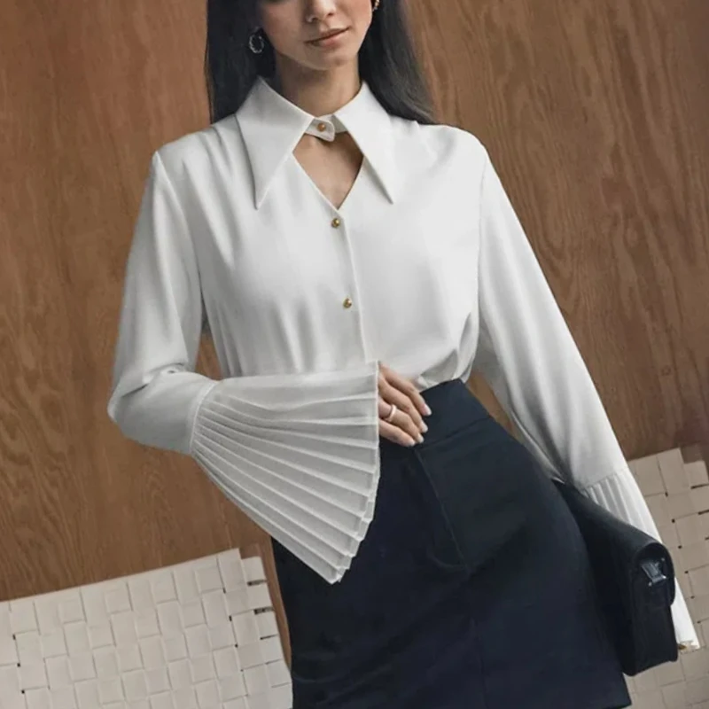 Spring Autumn New Fashion Turn-down Collar Pagoda Sleeve Solid Patchwork Blouses Women\'s Clothing Loose All-match Button Shirts