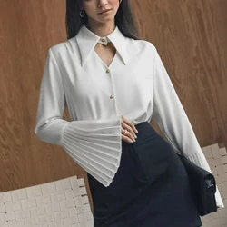 Spring Autumn New Fashion Turn-down Collar Pagoda Sleeve Solid Patchwork Blouses Women's Clothing Loose All-match Button Shirts