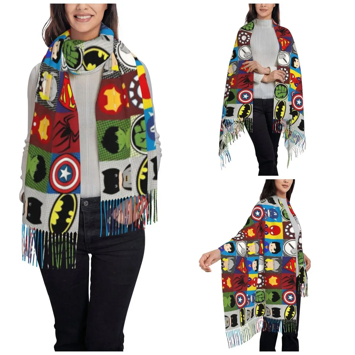 Womens Scarf with Tassel The Avengers Superhero Large Winter Fall Shawl Wrap Cartoon Spider-Man Iron Man Gifts Cashmere Scarf