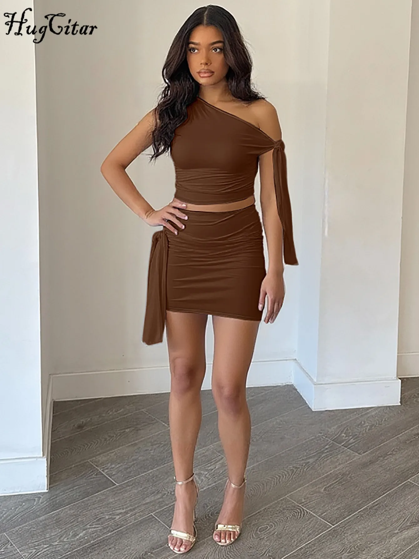 Hugcitar Fashion 2 Pcs Sets Skew Collar Solid Draped Bandage Sexy Crop Tank Top Mini Skirt Y2K Women Clothes Vacation Streetwear