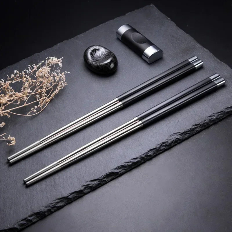 Reusable Black Gold Chopsticks Set Stainless Steel Non-Slip Japanese Food Chinese Korean Metal Chop Sticks Dishwasher Safe