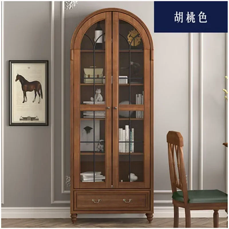 Light Luxury Solid Wood Bookcase European Wine Cabinet Shelf Vintage Glass Door Dust-Proof Bookcase