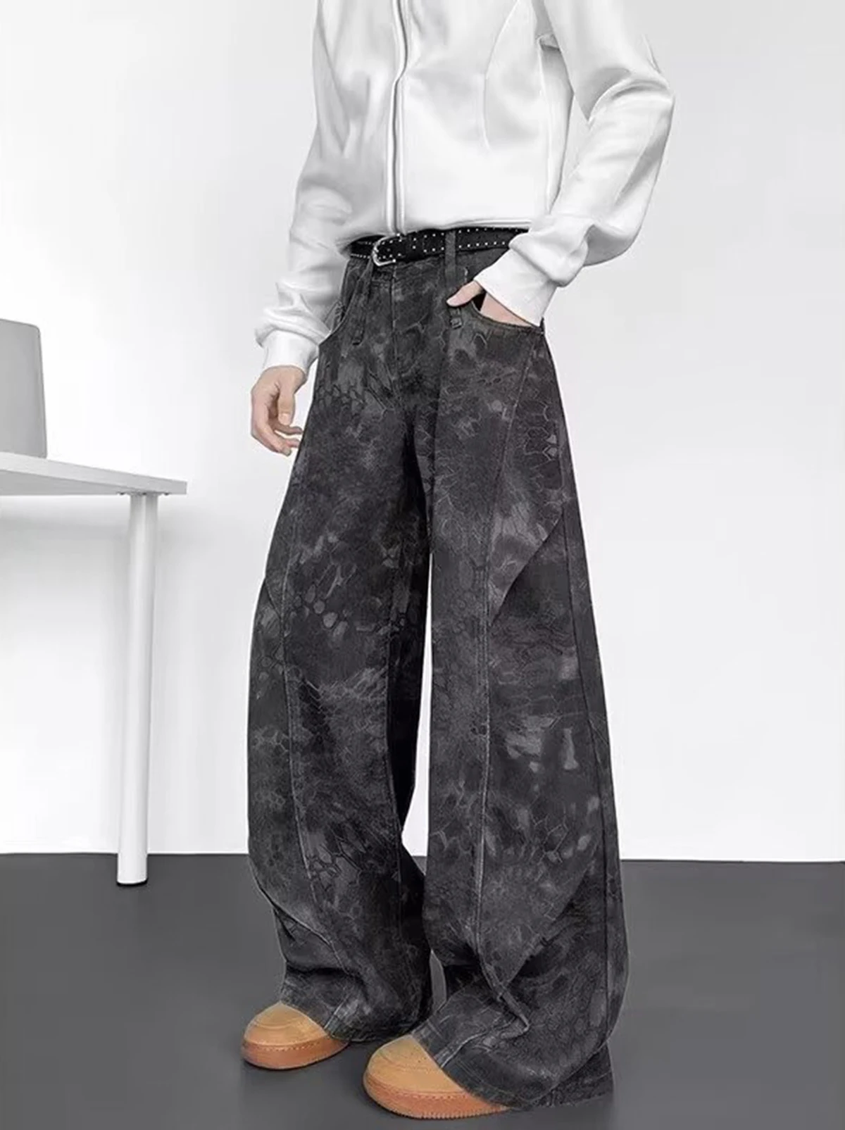 American high street pleated wide-leg jeans for men, curved knife paratrooper cargo pants, straight-cut long pants for boys
