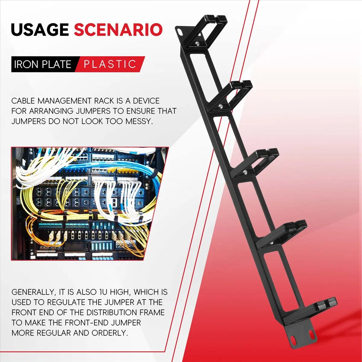 ~!DTD1044-Oct.19 Inch 1U Rack Cabinets Cable Management Network Organizer Hollow Metal Base Five Ring Detachable Wire Manager Fr
