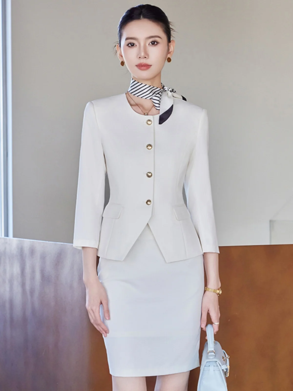 

Elegant White Suit Set Women's Slim Fit Single Button round Neck Seven Sleeve Business Casual Fashion Spring Summer