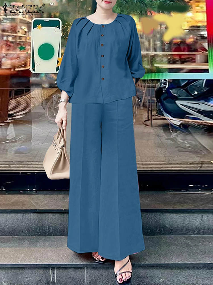 

ZANZEA 2PCS Women Matching Sets Spring Pant Sets Elegant O Neck 3/4 Sleeve Pleated Blouse Trousers Suits Casual OL Work Outfits