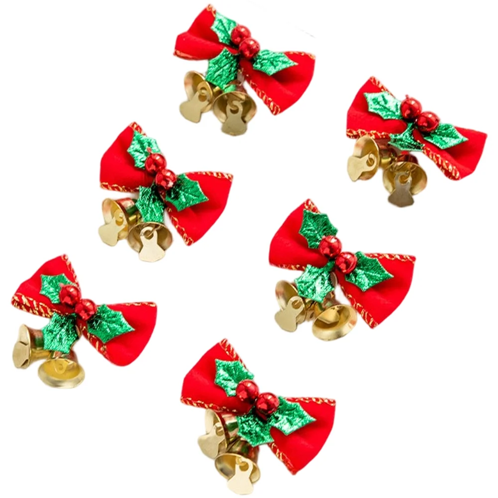 

Handmade Christmas Ornaments 6 Pack Jingle Bell Bow Decorations with Cloth and Iron Pieces for Tree and Wreath Use