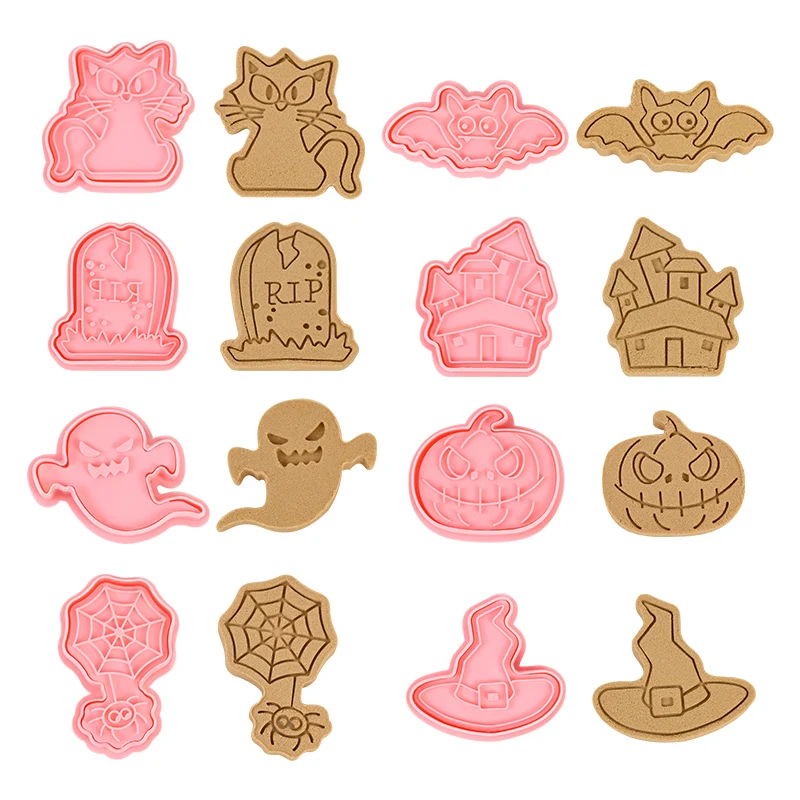 

8Pcs Halloween Cookie Mold Cutter Plastic 3D Cartoon Pumpkin Ghost Biscuit Mold Cookie Stamp Kitchen Baking Pastry Bakeware Tool