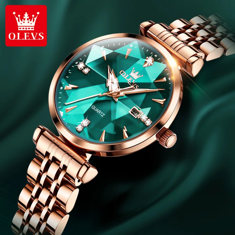 OLEVS 5536 ساعة نسائية فاخرة كوارتز ساعة اليد مقاوم للماء الفولاذ المقاوم للصدأ الزركون مقياس تاريخ الساعات للنساء مجموعة سوار