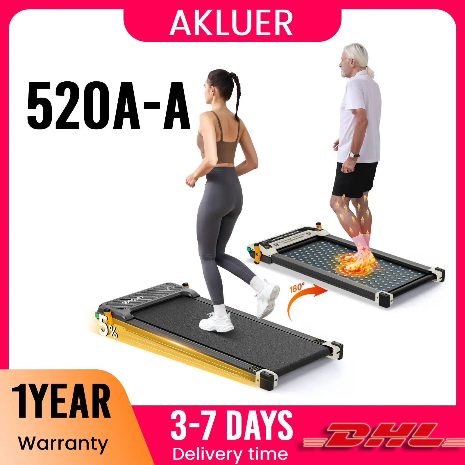 Tapis de marche inclinable double face AKLUER, tapis de course 2-en-1 sous le bureau avec masseur de pieds Shiatsu, 330 LB, télécommande LED pour la maison et le bureau