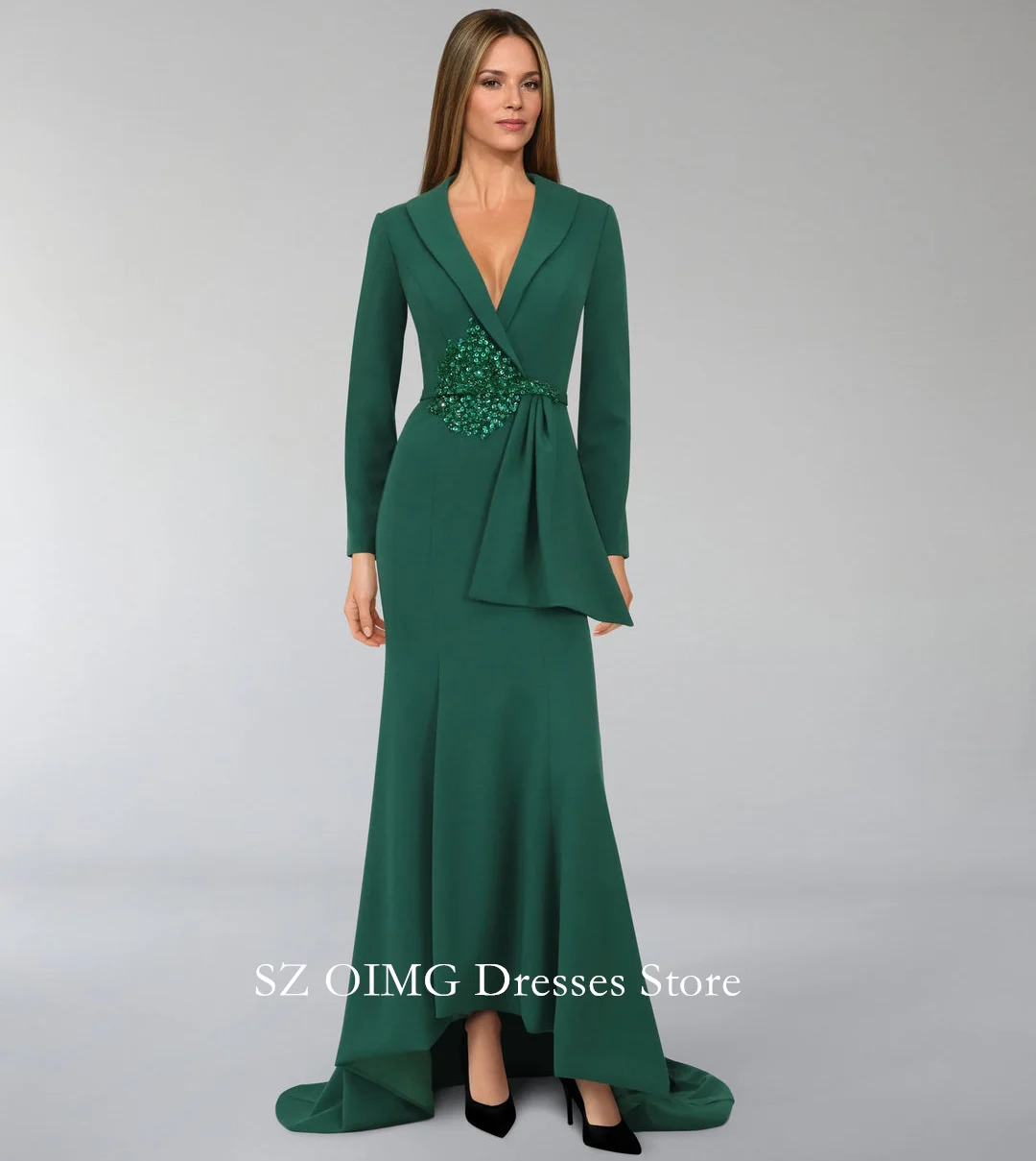 

OIMG Dubai Crepe Satin Classic Green Prom Dresses Sequined Blazer Dress Ruffles Women Evening Gowns Formal Party Dress