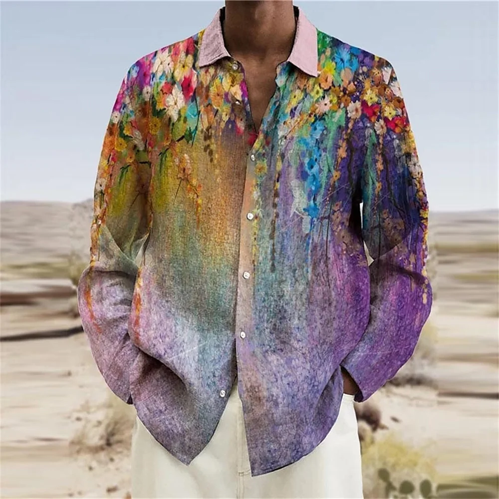 Men's Floral Pattern Printed Collar Long Sleeve Shirt Outdoor Streetwear Fashionable Designer Top