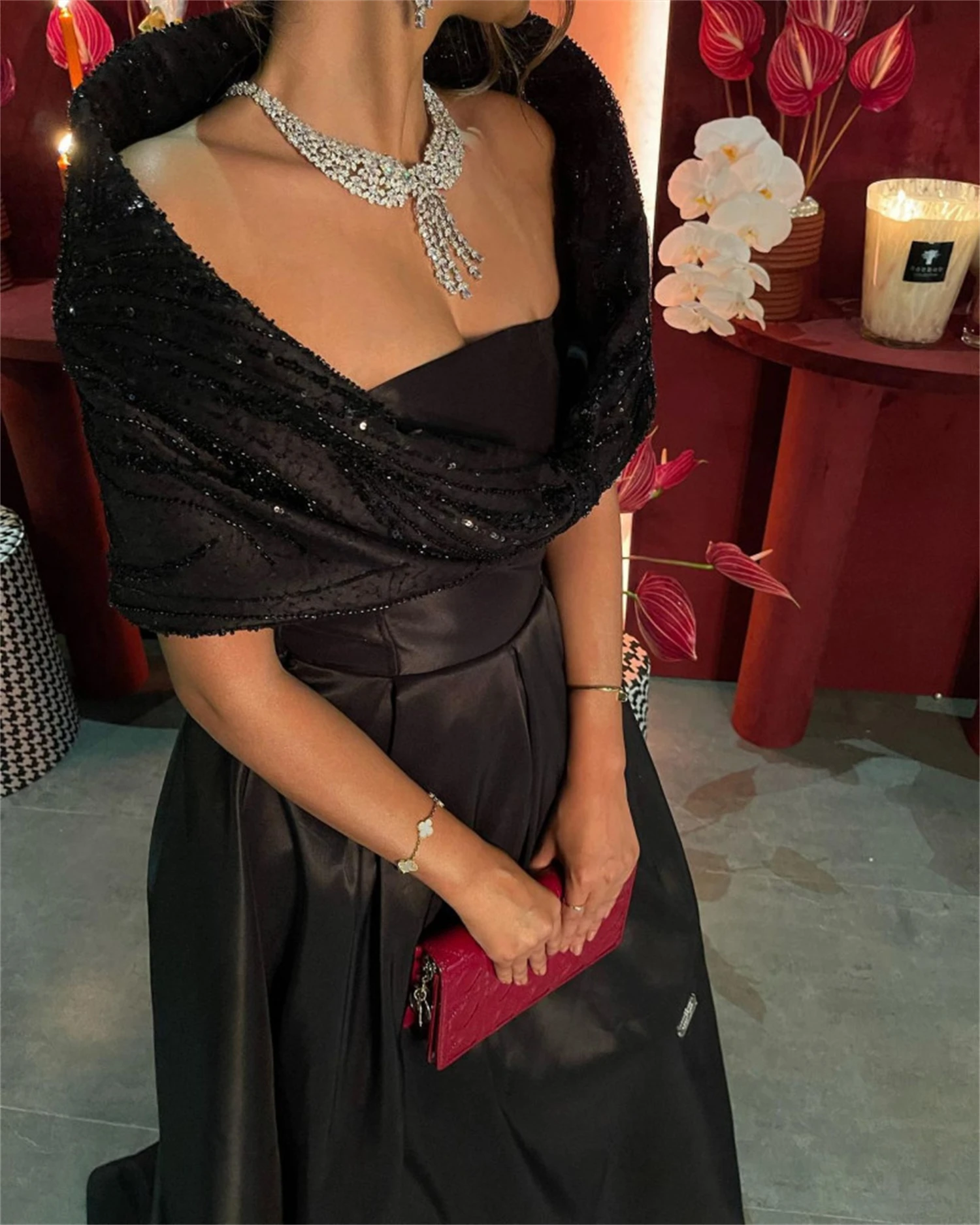 Satin Elegant Evening Dresses for Women Customized Line A Shawl Black Ball Gown Dubai Gala Dress Cocktail of Dresses Party Prom