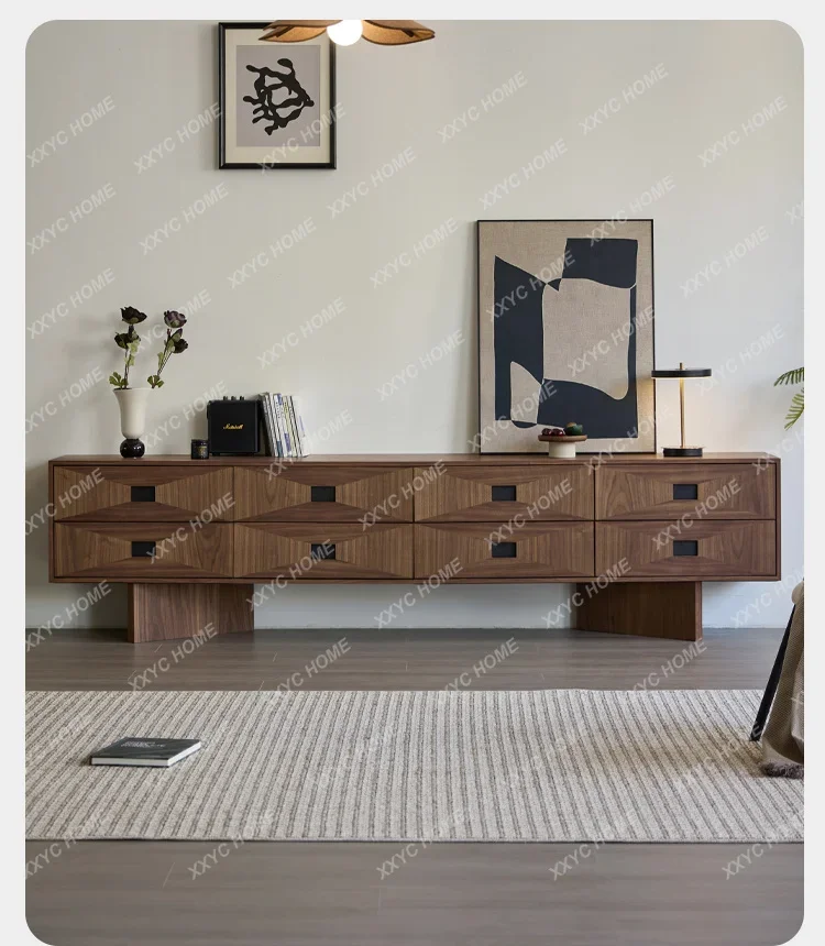 NN Medieval TV Cabinet Black Walnut Solid Wood TV Cabinet Household Storage Retro Floor Cabinet