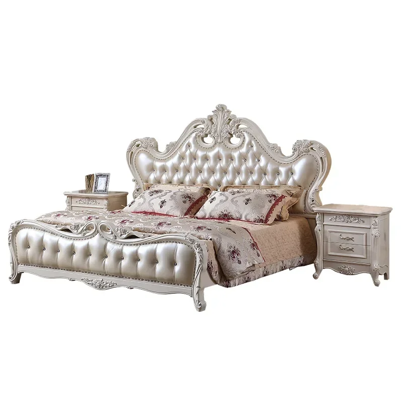 European Carved Leather Bed Wedding Bed 1.8m Furniture Leather All Solid Wood Carved Bed Princess