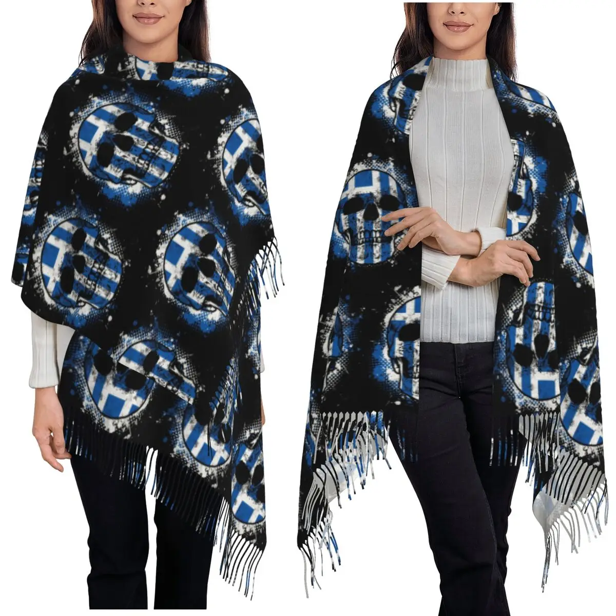 

Шарф с черепом и греческим флагом, шарфы с кисточками, женские мягкие теплые шали и накидки, длинная осенне-зимняя шаль