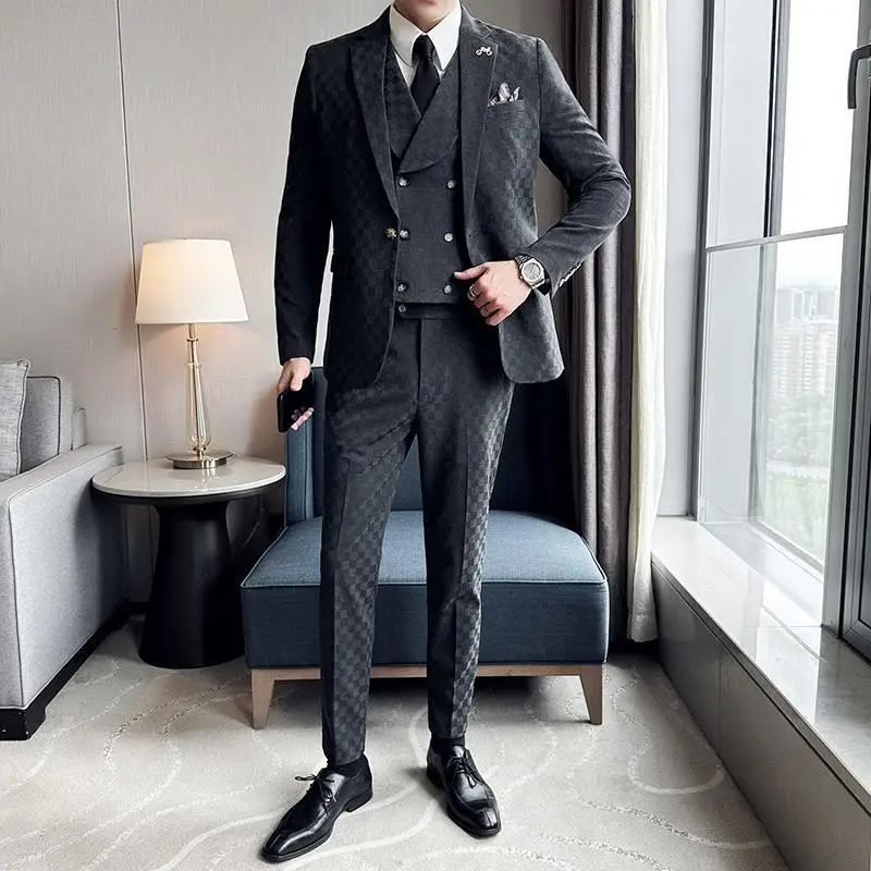 2-A66  Men\'s three-piece suit slim-fit jacket plaid small suit professional formalhandsome wedding dress trendy