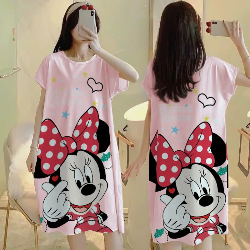 Disney Cartoon Mickey Minnie Donald Duck Daisy Print Women Nightdress Summer Loose Dress Cute Sweet Girl Homewear Pajamas