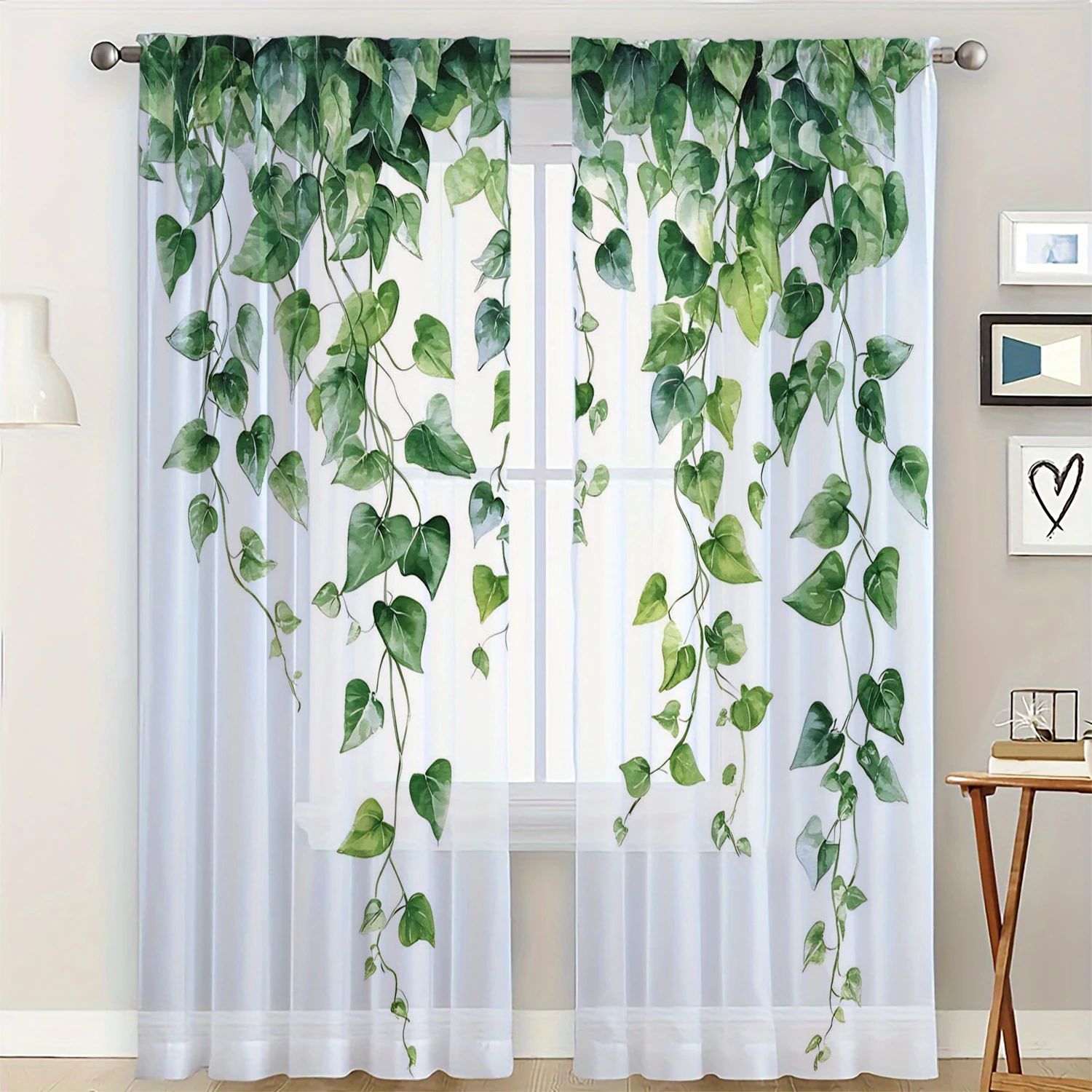 2 Pieces HD Digital Green Vine Leaves Printed Window Screen Home Decor Style Decoration Living Room Bedroom Rod