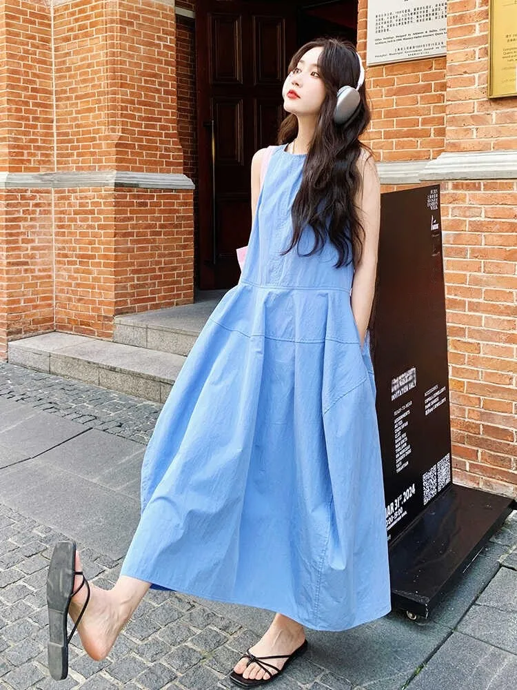 

Синее летнее платье Blue Tea Break Dr для женщин, свободного кроя, новое, винтажное, с круглым вырезом, длинное, с завышенной талией, из хлопка, А-силуэт