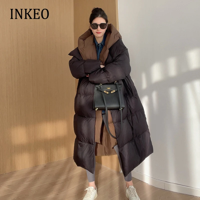 Women\'s Winter Long jacket Oversized Luxury Warm hooded patchwork puffer coat 2023 Desinger Female Fluffy Outwear INKEO 2O408