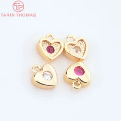 (4553)10PCS 6.5x7.7MM 24K Gold Color Brass with Zircon Heart Pendants High Quality Diy Jewelry Findings Accessories