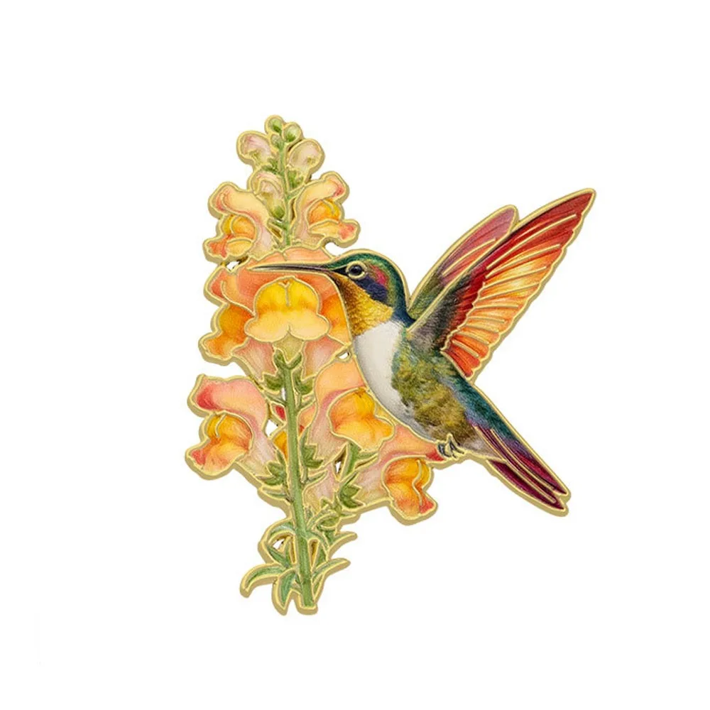 Zinc Alloy Hummingbird Flower Enamel Pin Chinese Style Colorful Animal Lapel Pins Vintage Gold Trim Metal Bird Floral Brooch Pin