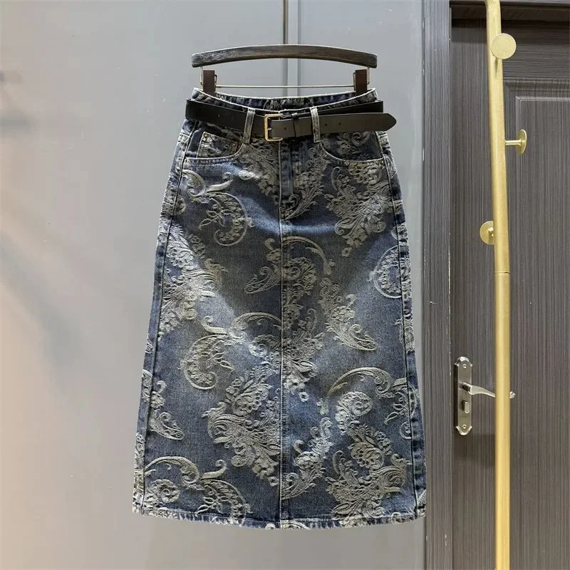 

Retro Jacquard High Waist Denim Skirt Women's Spring Autumn 2026 New Loose Straight Slim Hip Skirt Ladies Cowgirl Skirt