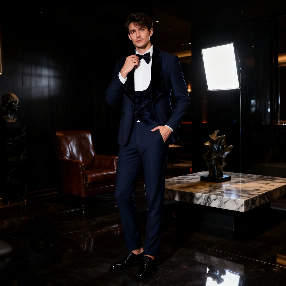 

Ternos azuis-Men's Formal Slim Fit Pants, Male Trousers, High Quality, 3 Pairs