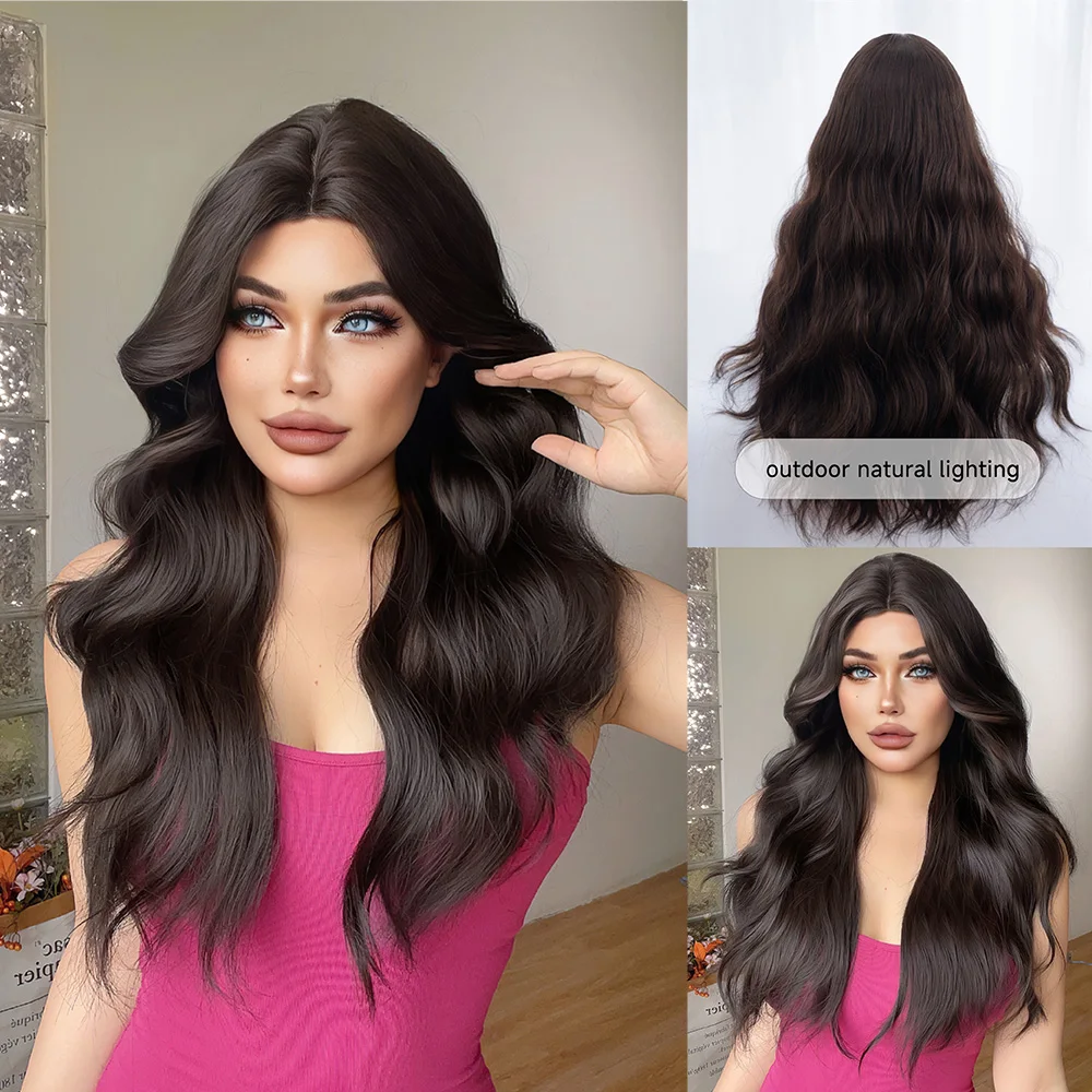 

28Inch Natural Black Color Synthetic Wigs Middle Part Long Natural Curly Hair Wig For Women Daily Use Cosplay Heat Resistant