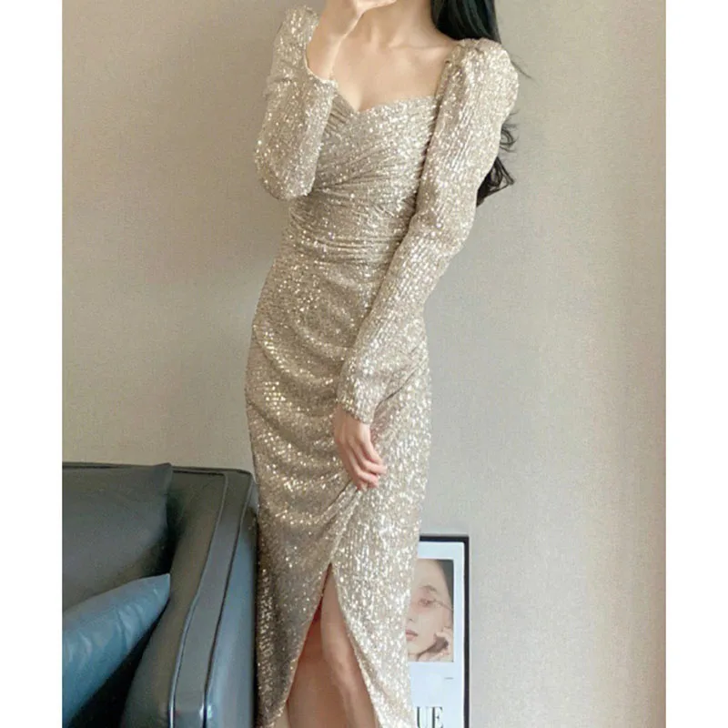 ชุดราตรีนางเงือกสุดหรูสำหรับผู้หญิง ชุดเดรสยาวสำหรับงานเลี้ยงอย่างเป็นทางการ ชุดเดรสงานแต่งงานแบบค็อกเทล ประดับเลื่อม คอเหลี่ยม