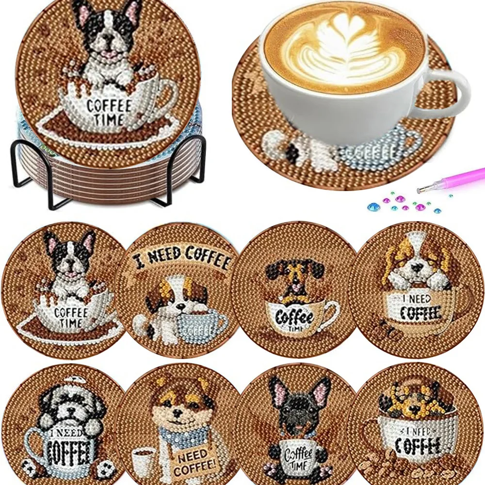 8Pieces/Set of Diamond Painting Coaster Set,Animal series Patterned Coaster (With Holder) - DIY Handmade Diamond Art Set forHome