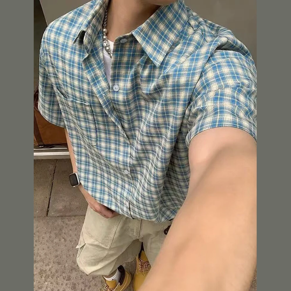 

Men's Clothing 1pc Casual Plaid Shirts Single-breasted Lapel Collar Short Sleeved Shirt Loose Breathable Tops For Man
