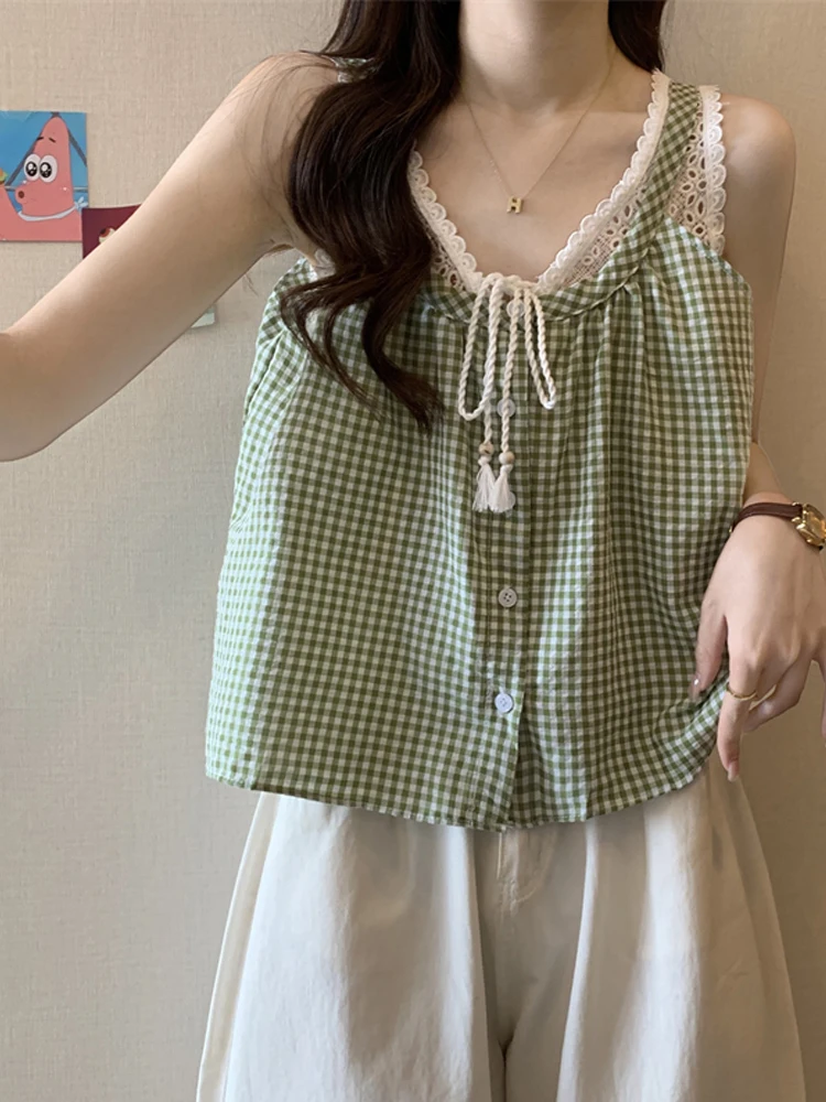 Sommer Plaid Spitze Weste irt frauen Design Sinn ature Oberbekleidung ort Svel Top Koreanische Sle Lose Fit Taste Detail