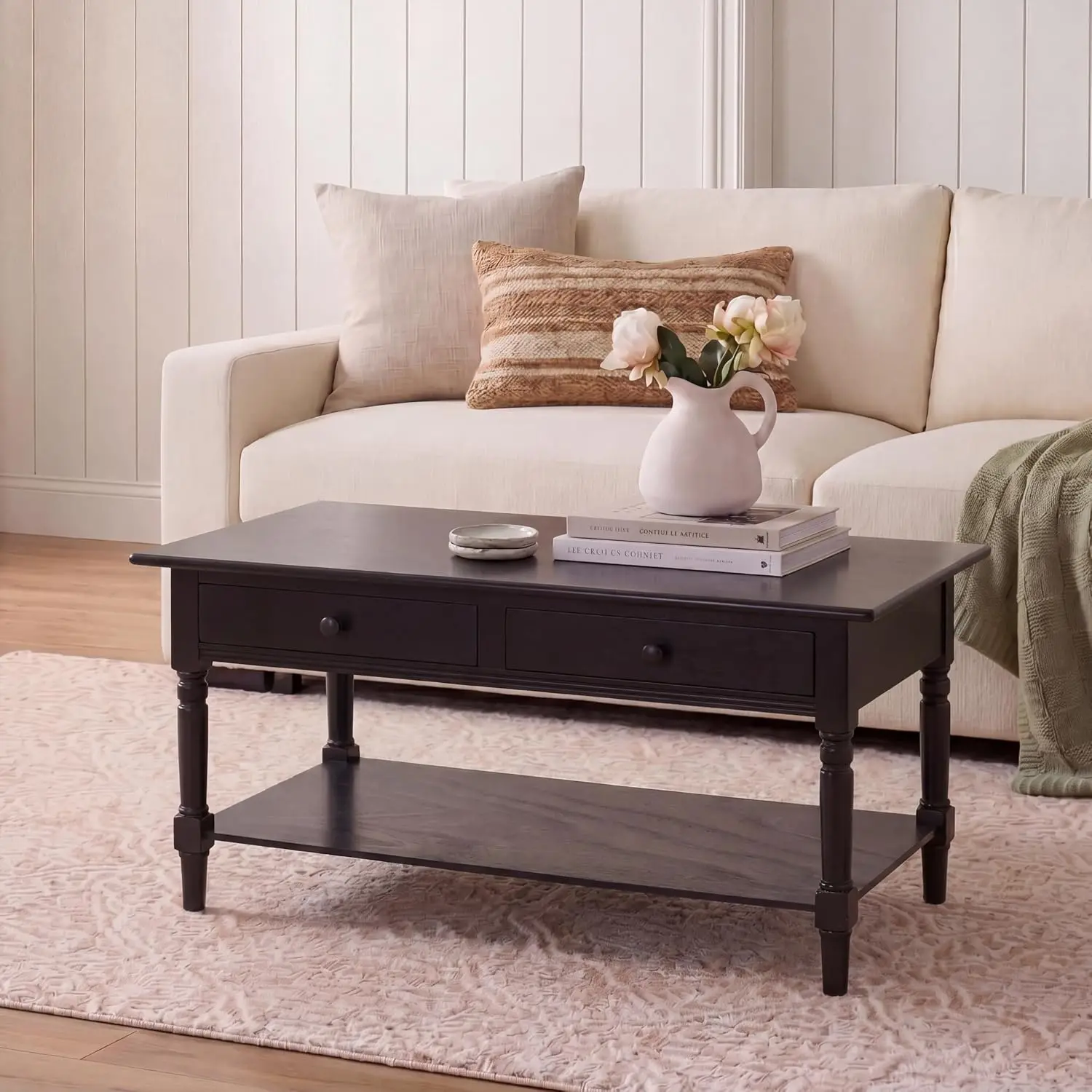 Farmhouse Storage Coffee Table with Drawers and Open Shelf, Distressed Black Finish, Carved‑Detail Accent Furniture for Living Room Organization