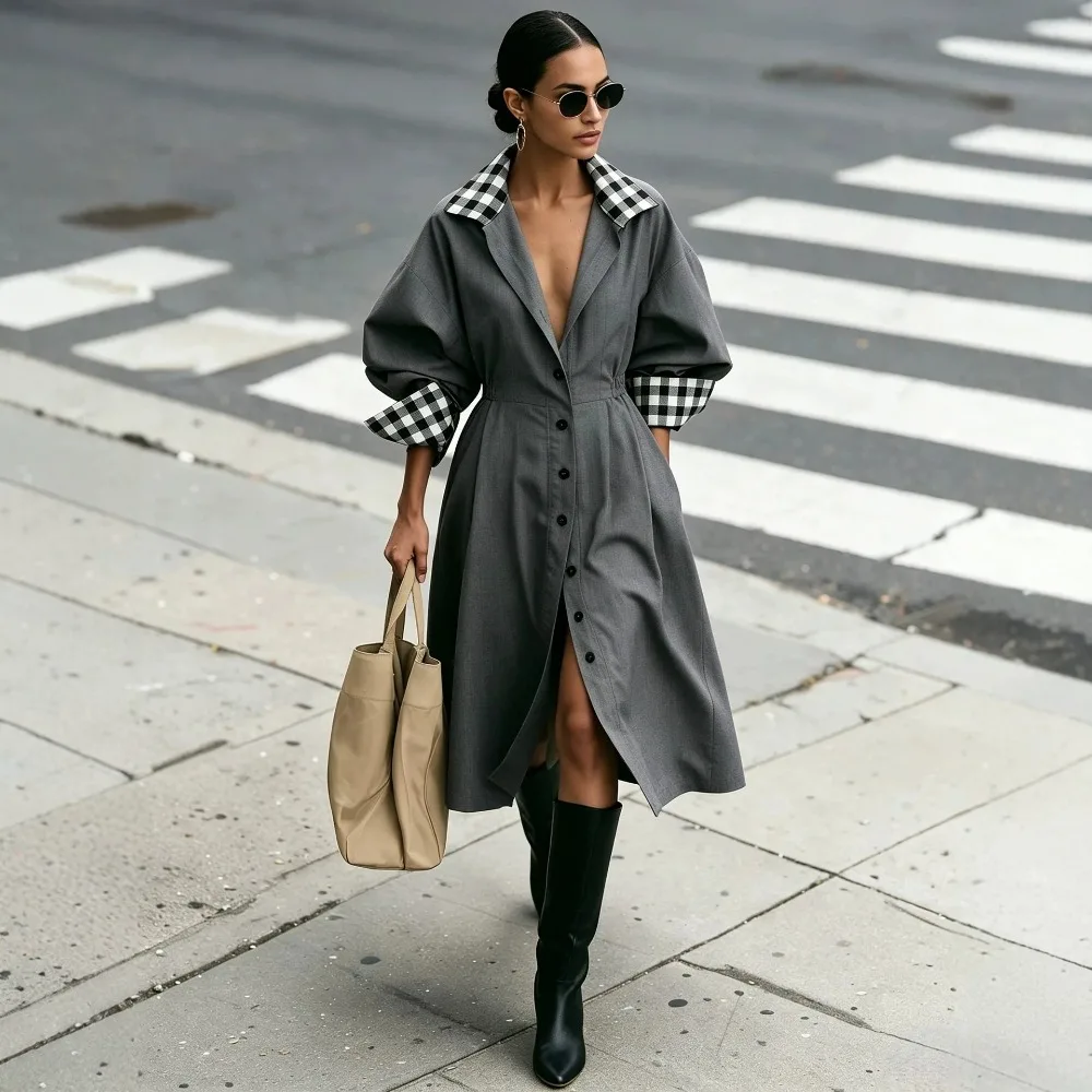 Women Plaid Collar Long Trench Coat Contrast Lapel Puff Sleeve 2026 Cinched Waist Flared Hem French Chic Vintage Office Daily